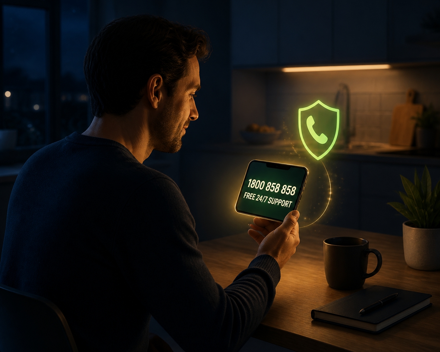 Person at a night table holding a glowing phone showing the Gambling Help Online number 1800 858 858