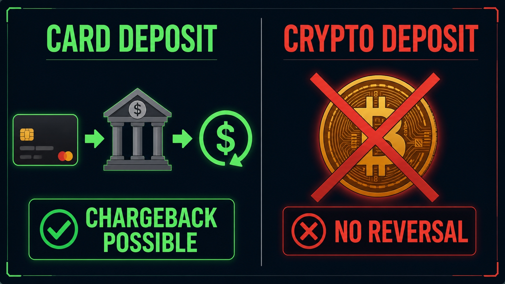 Split comparison: card deposits allow a chargeback, crypto deposits have no reversal