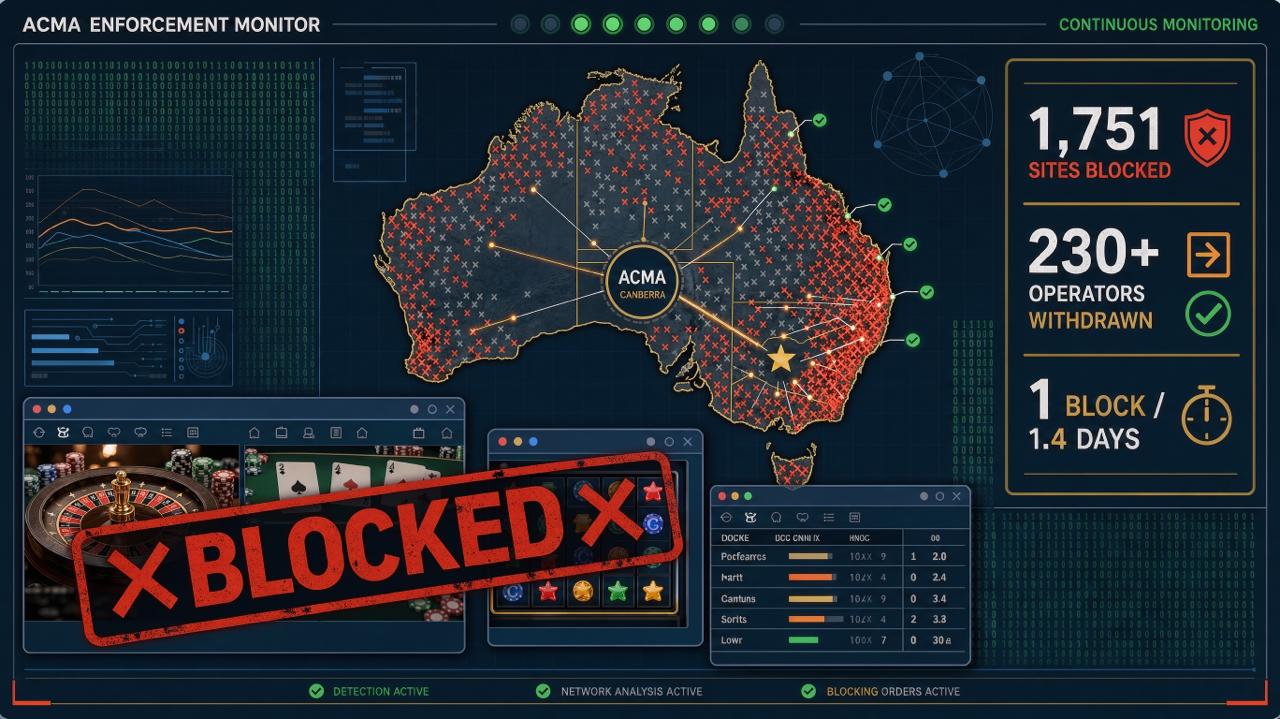 ACMA enforcement dashboard showing 1,751 sites blocked, more than 230 operators withdrawn and one block every 1.4 days
