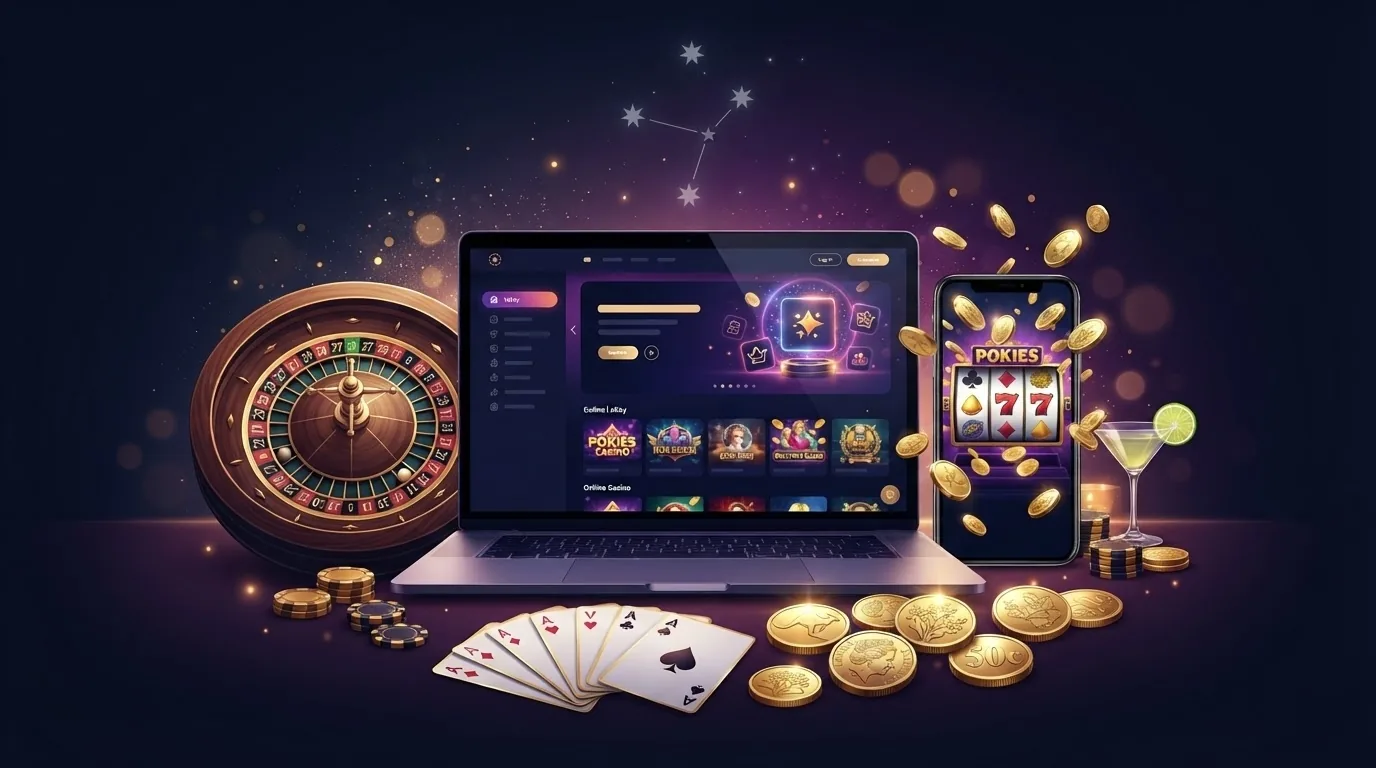 Laptop and smartphone showing an online casino lobby with roulette, cards and pokies reels