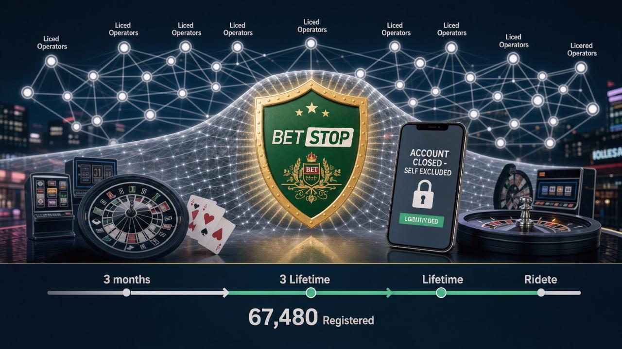 BetStop infographic: shield logo, a phone showing account closed and self-excluded, a network of licensed operators, exclusion periods from 3 months to lifetime, 67,480 registered
