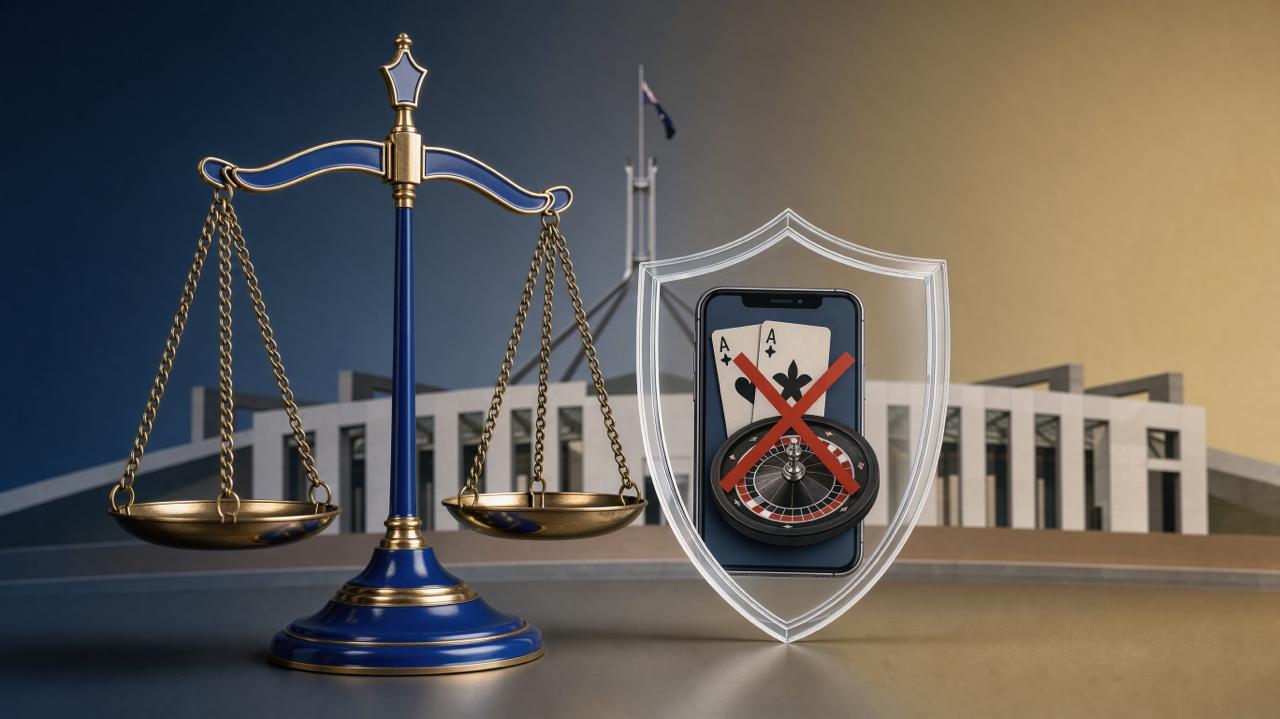 Scales of justice beside a glass shield holding a roulette wheel and playing cards marked with a red X, in front of the Australian Parliament House