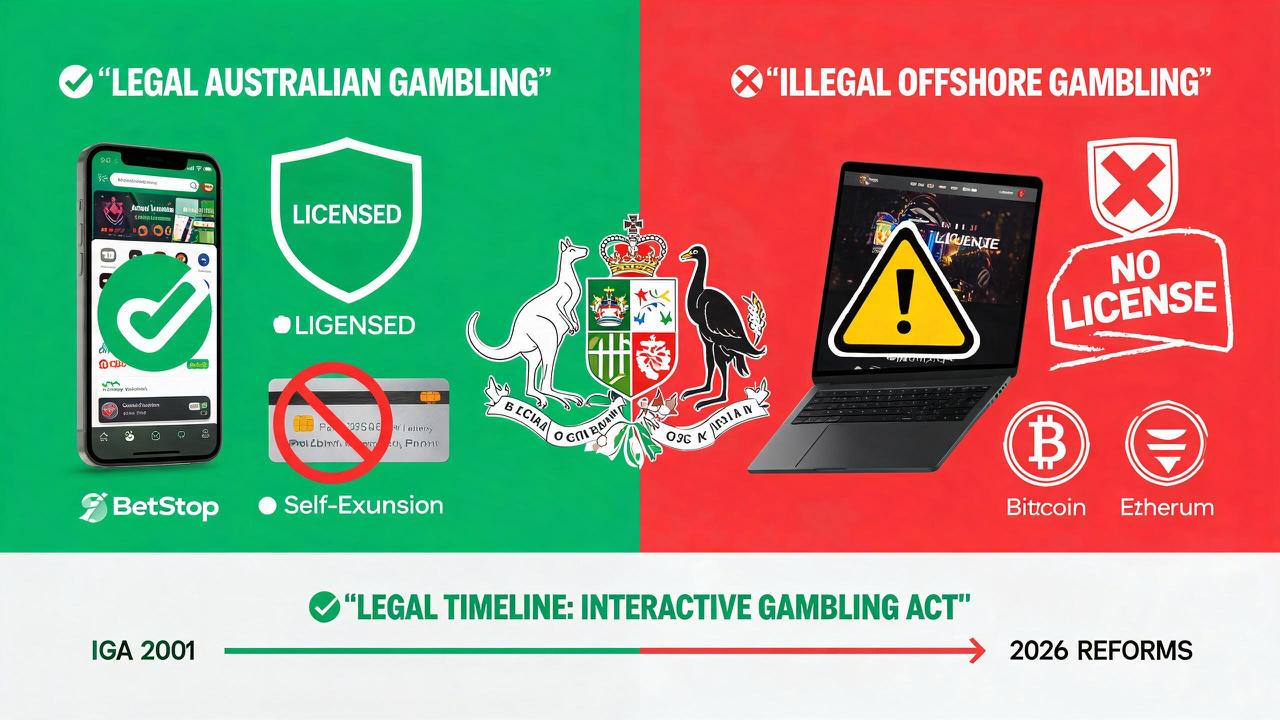 Split infographic contrasting licensed legal Australian gambling in green with illegal offshore gambling in red, above an Interactive Gambling Act timeline running from 2001 to the 2026 reforms
