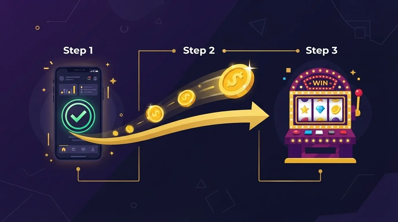 Three-step illustration of an instant bank app payment flowing to an online casino slot machine
