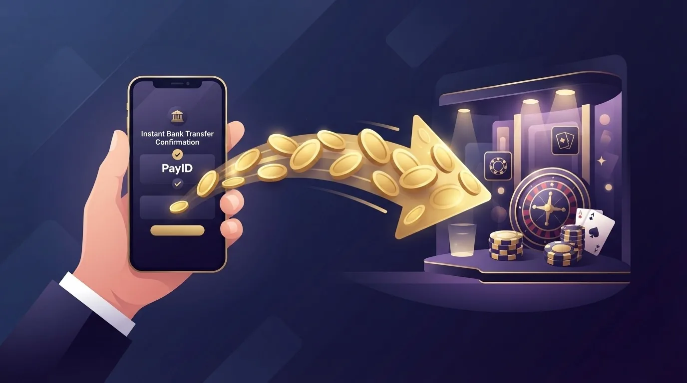 PayID instant bank transfer confirmed on a smartphone next to an online casino lobby