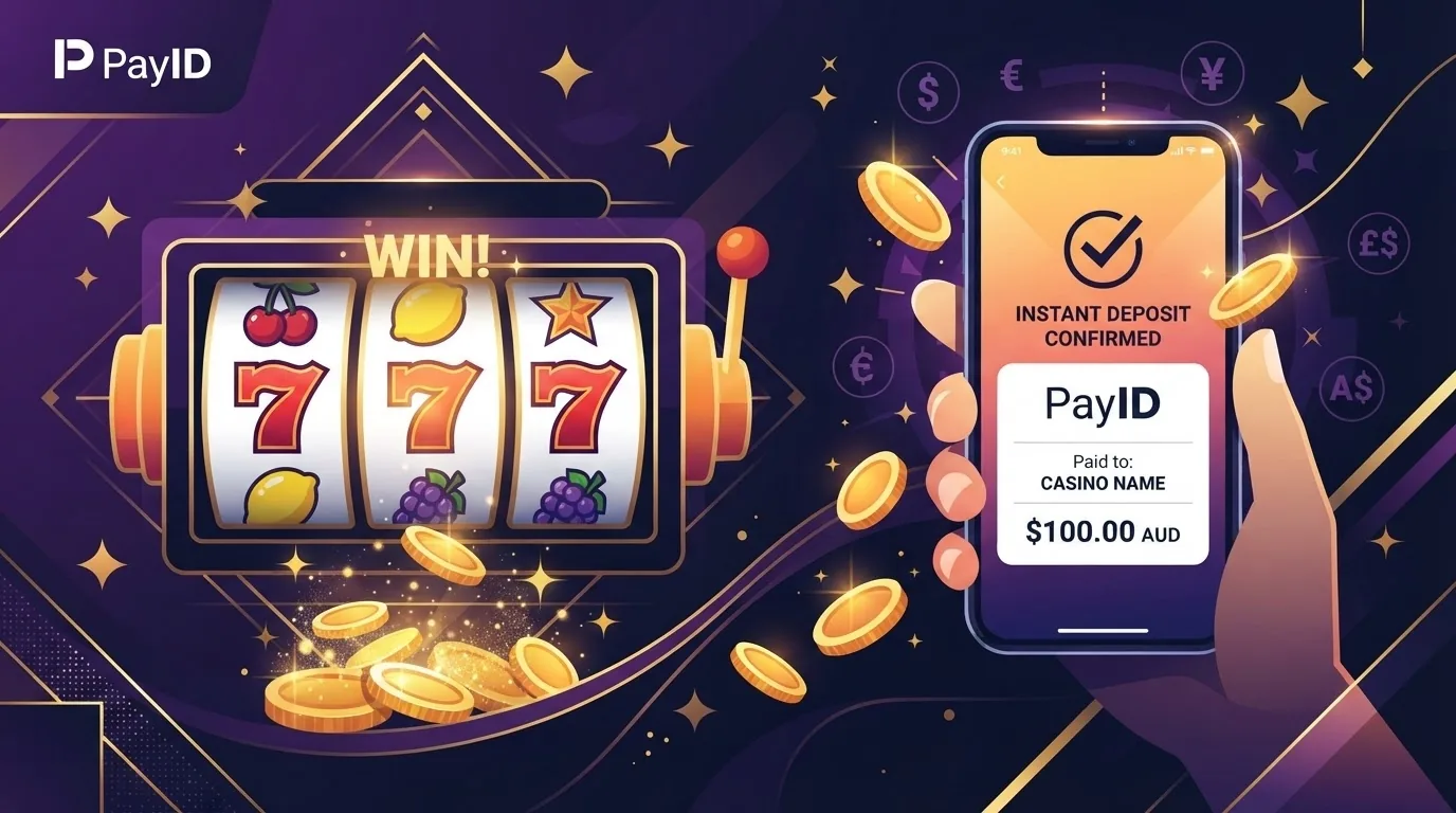 Colourful online pokies reels with golden coins next to a smartphone confirming a PayID bank payment